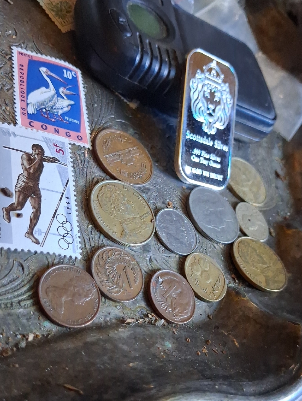 Vintage Coin & Stamp Lot with Silver Bar Accent